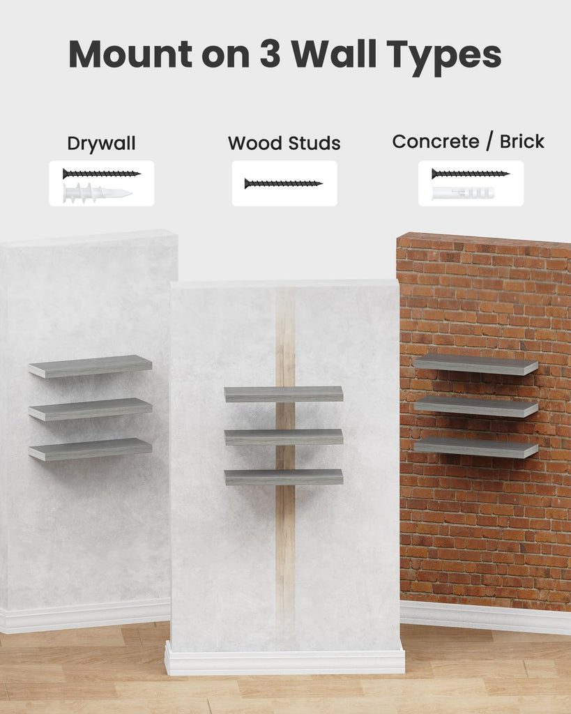 15.7" Floating Shelves for Wall Decor & Storage, Set of 3, Gray