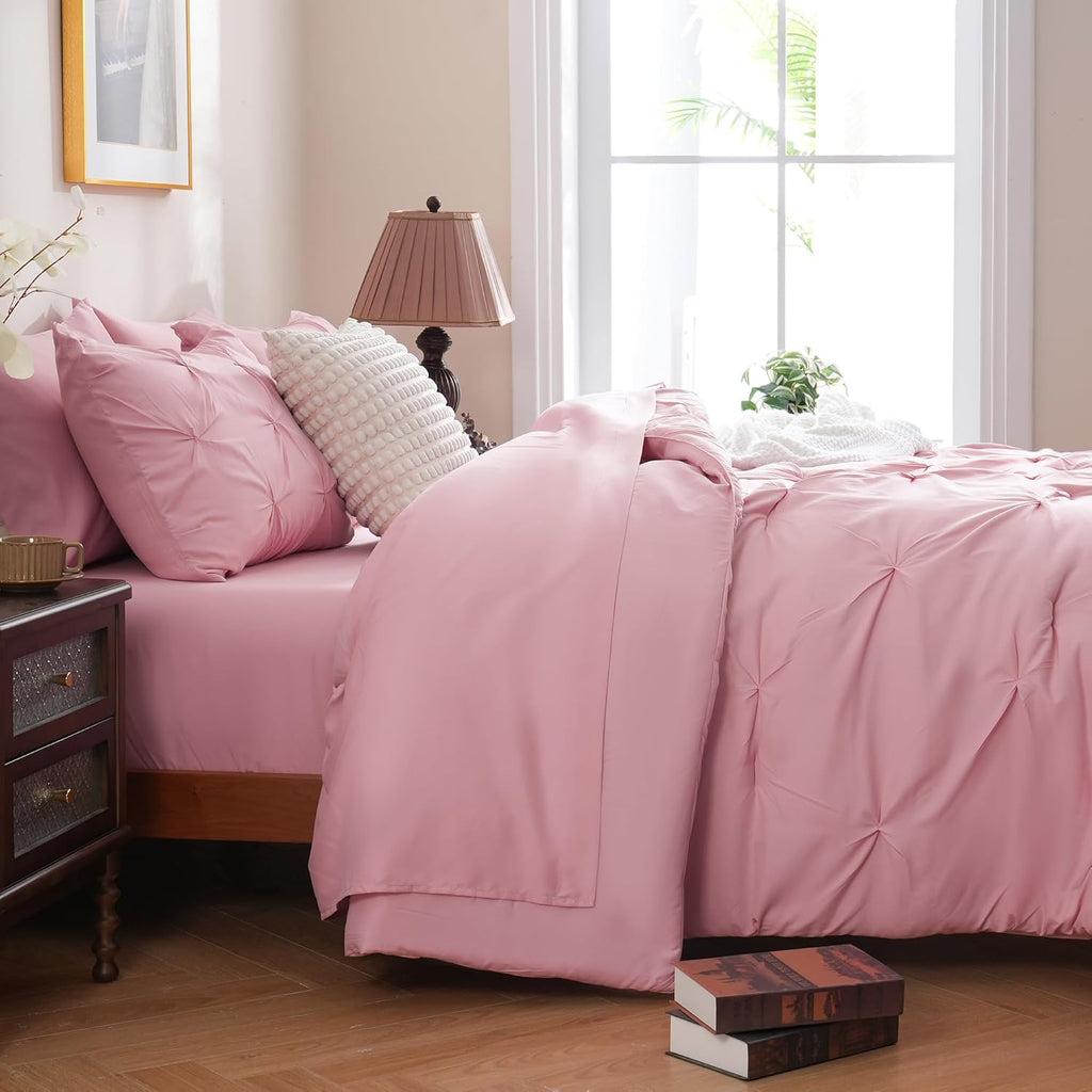 7 Pieces Pink Comforter Set, Pintuck Pinch Pleat Bed in a Bag