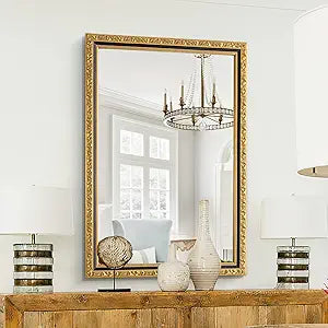Vintage Gold Baroque Mirror, 40'' x 28'' Rectangular Ornate Antique Mirror with Carving Wood Frame, Decorative Wall