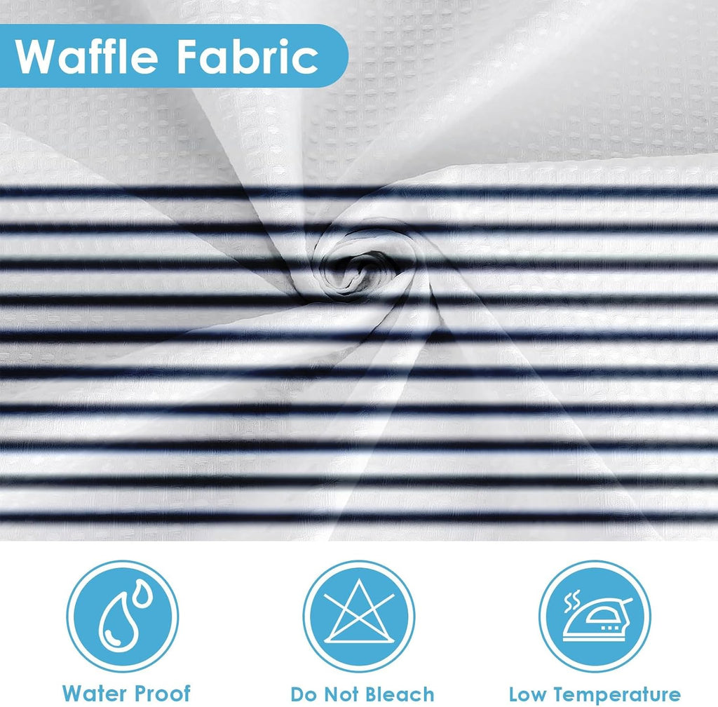 Scalloped Shower Curtain with PEVA Liner Set, Striped Navy Geometric Modern 3 in 1 Heavy Duty Waffle Weave Waterproof