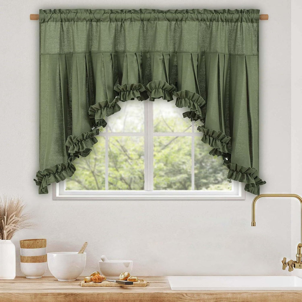 Linen Valances for Windows Farmhouse Ruffle Swag Valance Rustic Country Window Valances Light Filtering Kitchen