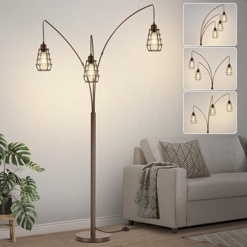 Industrial Floor Lamp, 3 Light Arc Floor Lamps, 76 Inch Tall Standing Lamp with Metal Cage Shades & 
