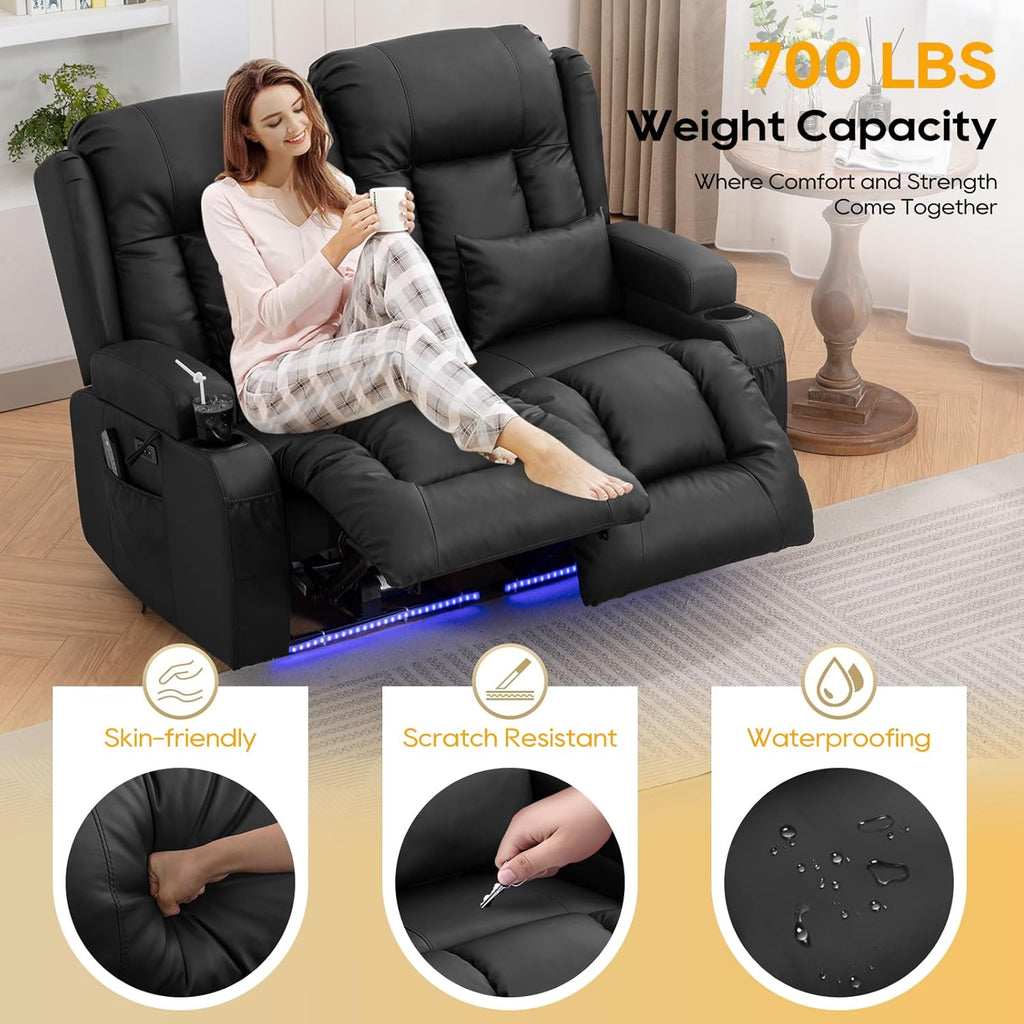 54" Power Loveseat Recliner Sofa, Electric Home Theater Seating with Massage Heat/4 Colors Ambient Lights/USB