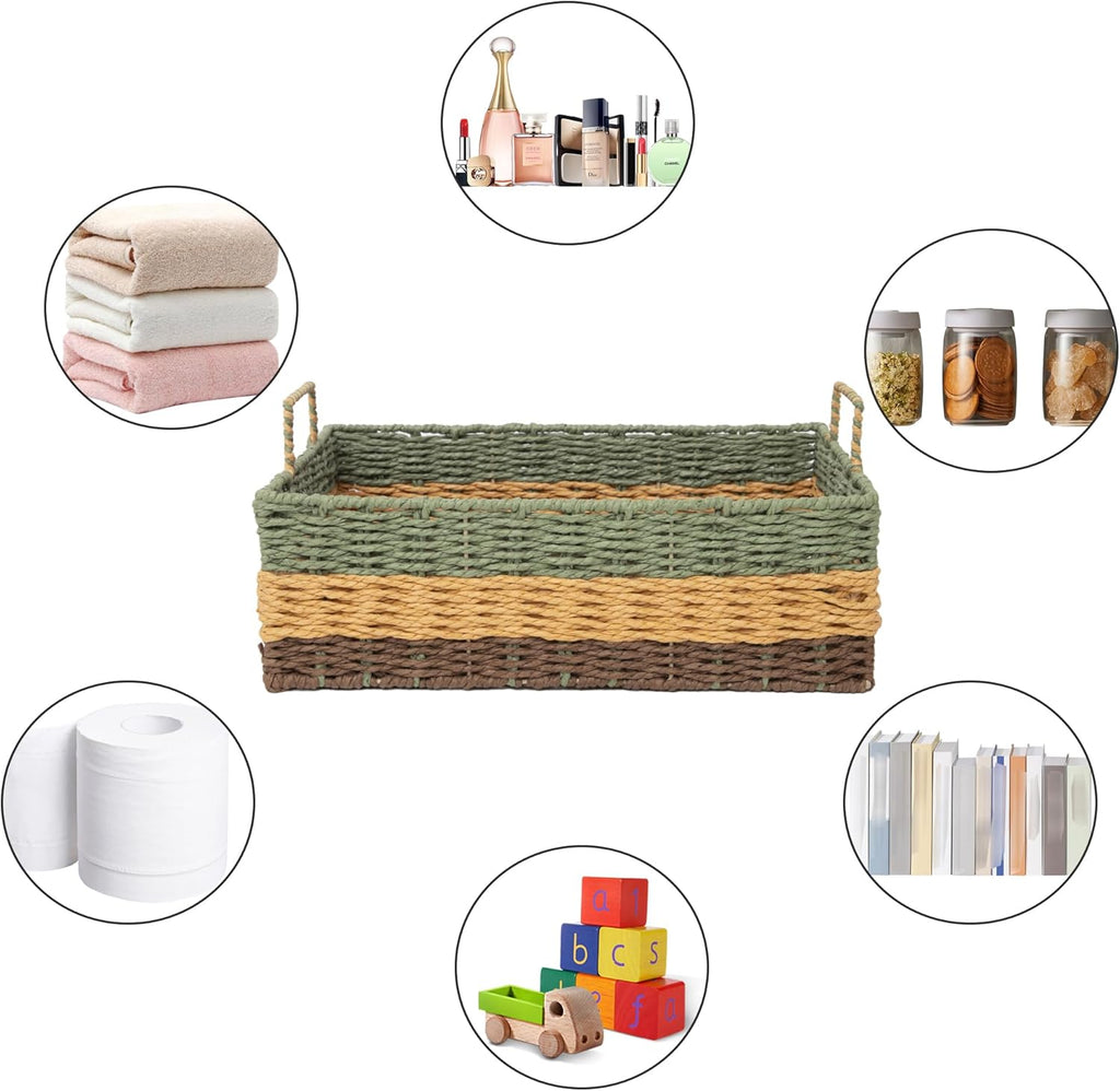 Handmade Rectangle Woven Paper Rope Storage Basket with Iron Frame,Basket with handles Decor, Shelf & Desktop