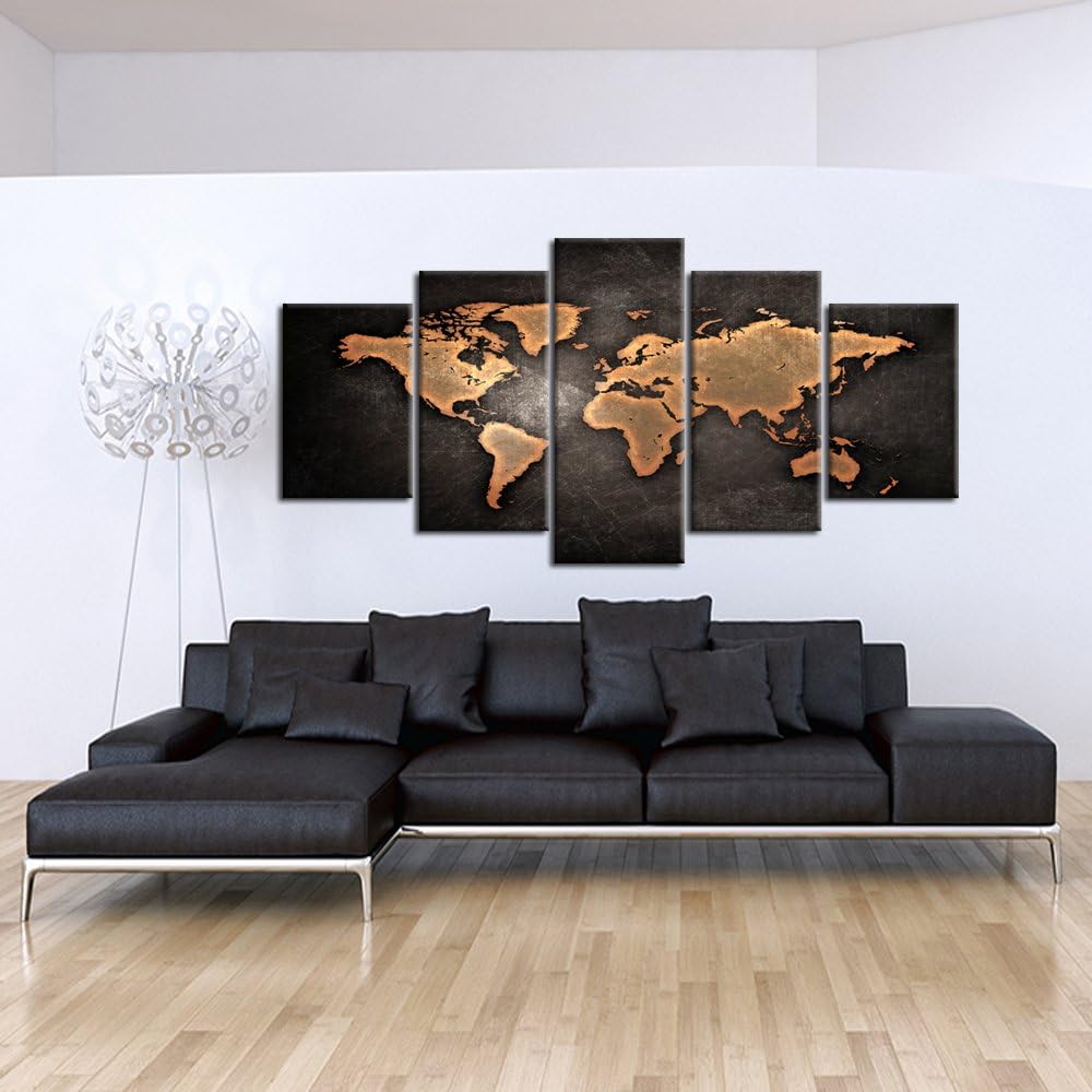 Retro World Map Poster Framed 5 Pcs Giclee Canvas Prints Vintage Abstract World Map Painting Printed on Canvas Ready