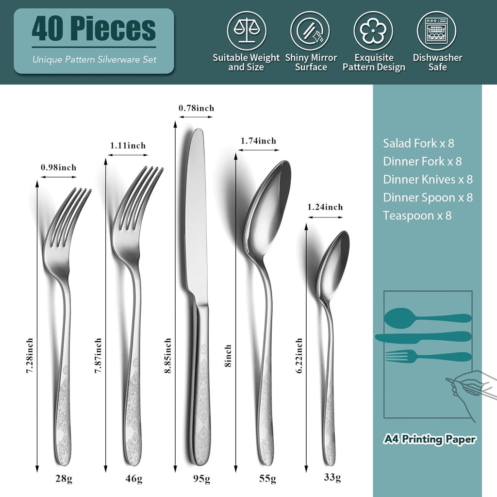 40-Piece Flatware Set, Service for 8, Premium Stainless Steel Cutlery Set