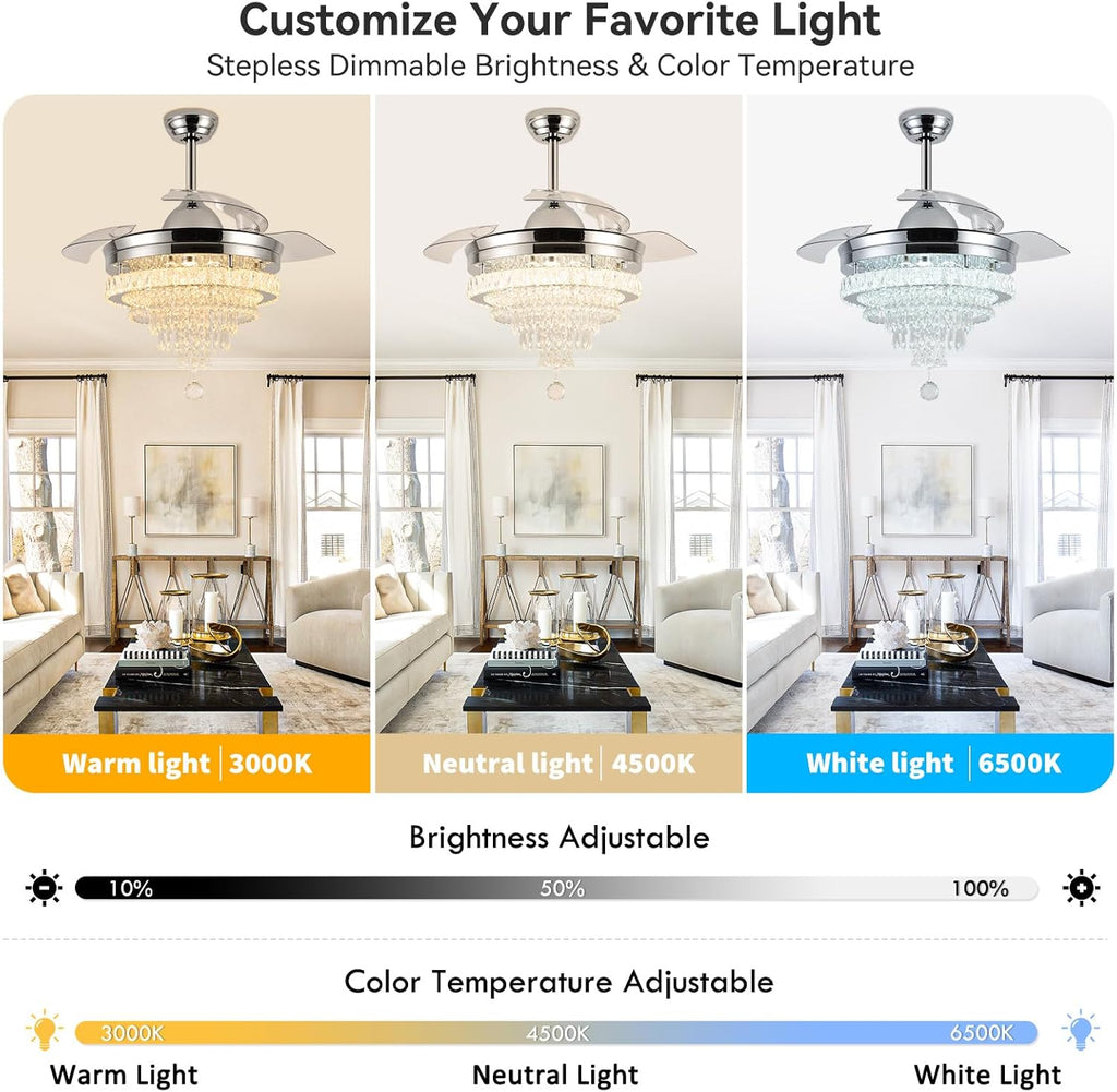 42" Modern Crystal Chandelier Ceiling Fan with Light & Remote,Dimmable LED Fandelier ,3 Color Temperatures,6 Speeds