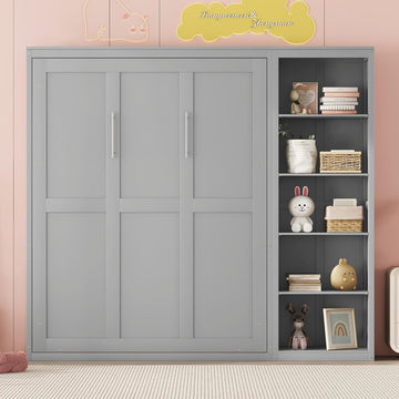 Full Murphy Bed with Storage Bookcase Shelves,Wood Folding Grey Murphy Wall Bed Cabinet