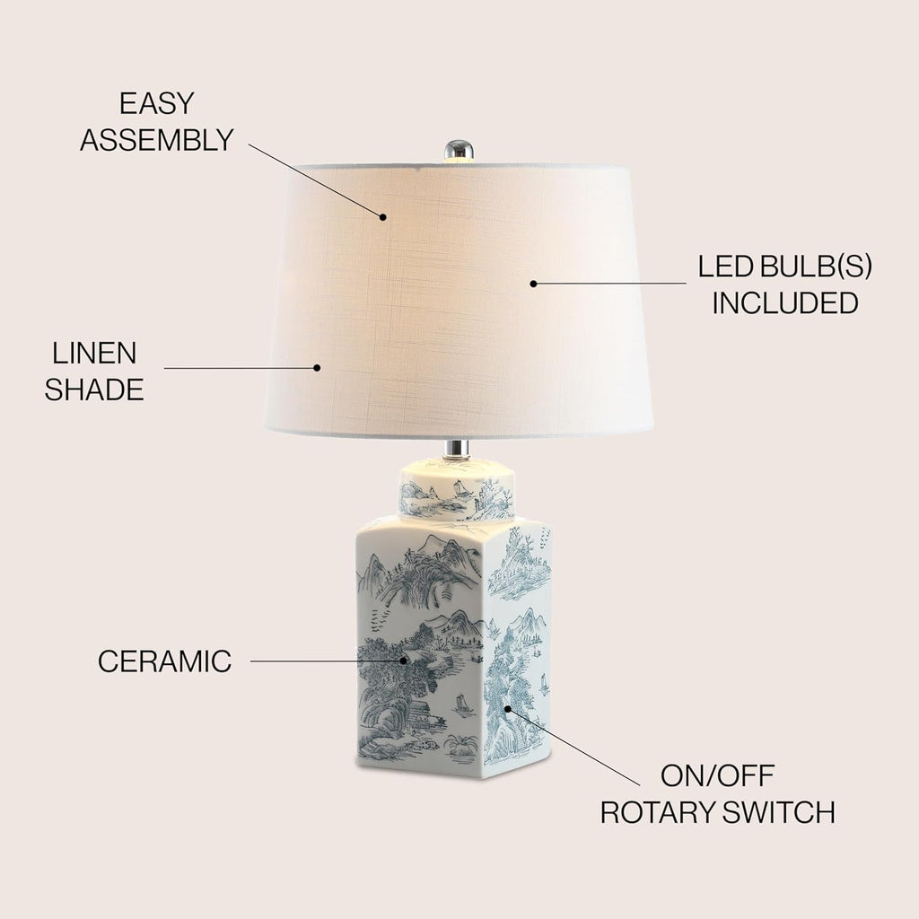 24.5" Blue/White Chinoiserie Ceramic Table Lamp, Traditional Square Ginger Jar Mountain Toile Lamp Bedroom