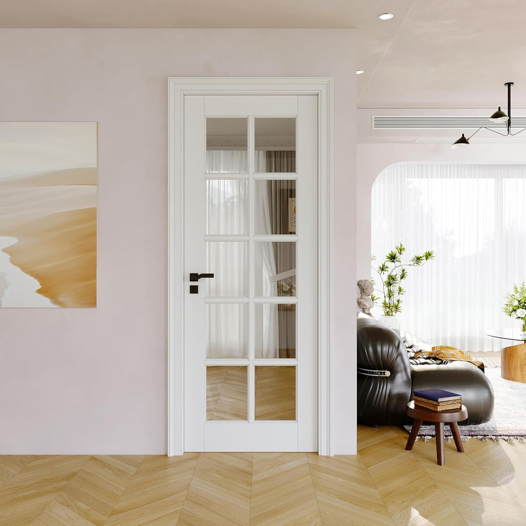 30"x80" CARB P2 Solid Core & Pre-Finished Thick SGCC Clear Glass Doors, Interior Door for Room, 10 Lite Glass Swing Shaker w/o Prehung Jamb, Single French Door Slab, Barn Wood Panel for Closet Doors