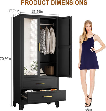 Metal Armoire Wardrobe Closet Storage Cabinet with 2 Doors Black, 71'' Wardrobe with Hanging Rod Metal Closet with