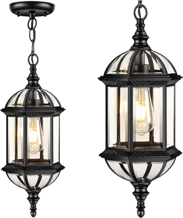 20" Large Outdoor Pendant Light, Black Outdoor Chandelier for Porch with Tempered Beveled Glass