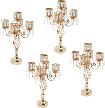5-Arm Gold Crystal Candle Holder Set of 4, Elegant Table Centerpiece | Electroplated Iron Candelabra for Weddings &