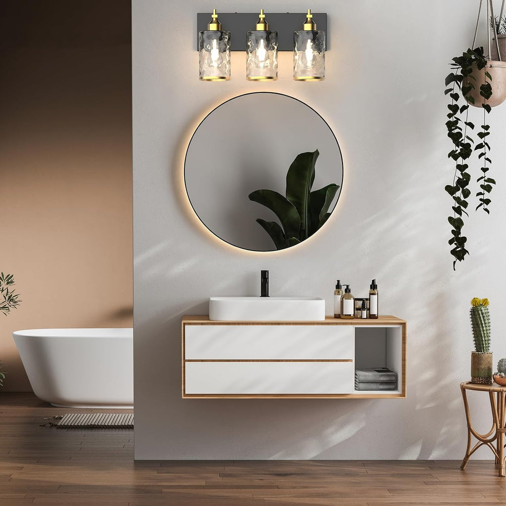 3-Light Bathroom Vanity Light Fixtures, Modern Bathroom Lighting Fixtures Over Mirror with Golden Wave Glass