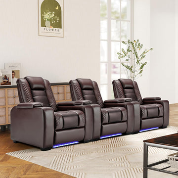 Power Home Theater Seating Set of 3, Brown Faux Leather Electric Recliner Chair with Powered Headrest, Dual Motors Movie Reclining Chairs with LED Lights,USB Port,Cup Holders, Hidden Arm Storage
