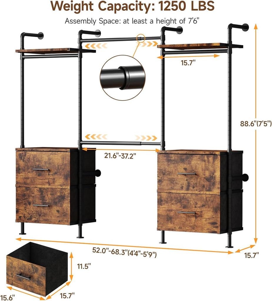 T4 Wall Mounted Closet System, Industrial Pipe Clothing Rack with 8 Wooden Shelves, 4 Drawers & 4 Hanging Rods (2