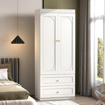 Bedroom Armoire Wardrobe Closet, 75" Tall Wardrobes Closet with 2 Drawers and 2 Doors, Wooden Clothes Cabinets