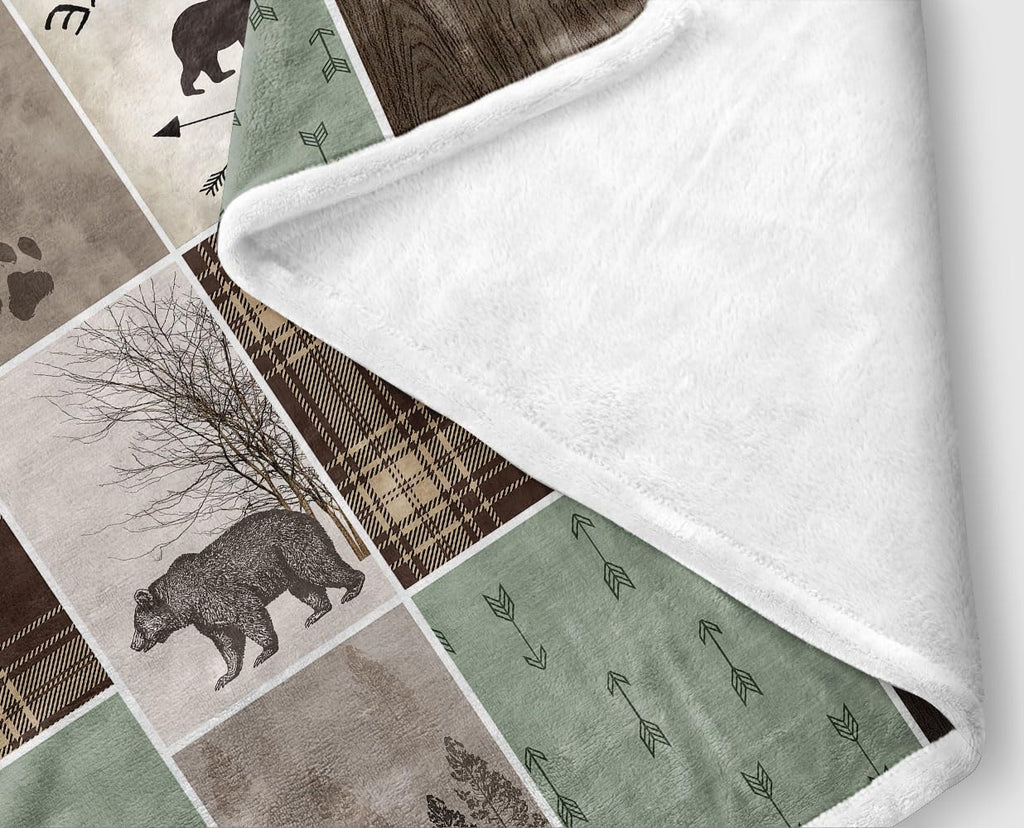 Rustic Cabin Bear Deer Weighted Thick Throw Blanket for Couch, Green Hunting Camper Woodland Farmhouse Lodge Plaid