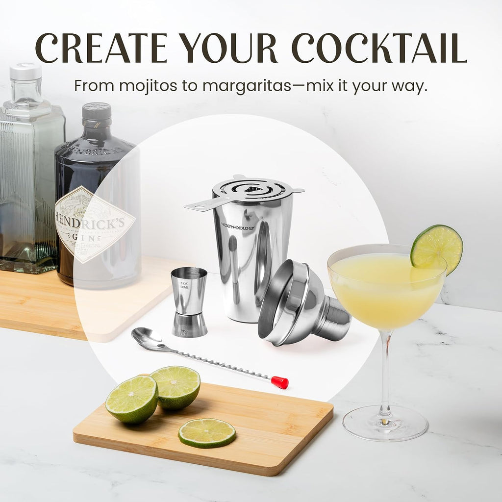 Cocktail Shaker Set - Bartender Kit with Pine Stand | Leak-Proof Design | Includes Martini Shaker, Jigger, Strainer