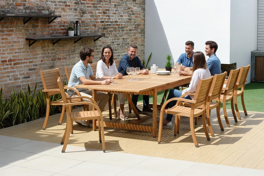 Berlin 11-Piece Teak Finish Rectangular Extendable Patio Dining Set | Stackable Chairs | Ideal for Outdoors and Indoors