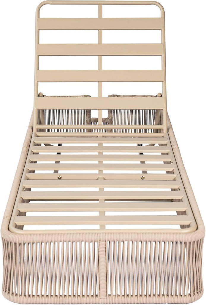Patio Chaise Lounge with Woven Rope Base, Adjustable Sunlounge Without Cushion, Beige and White