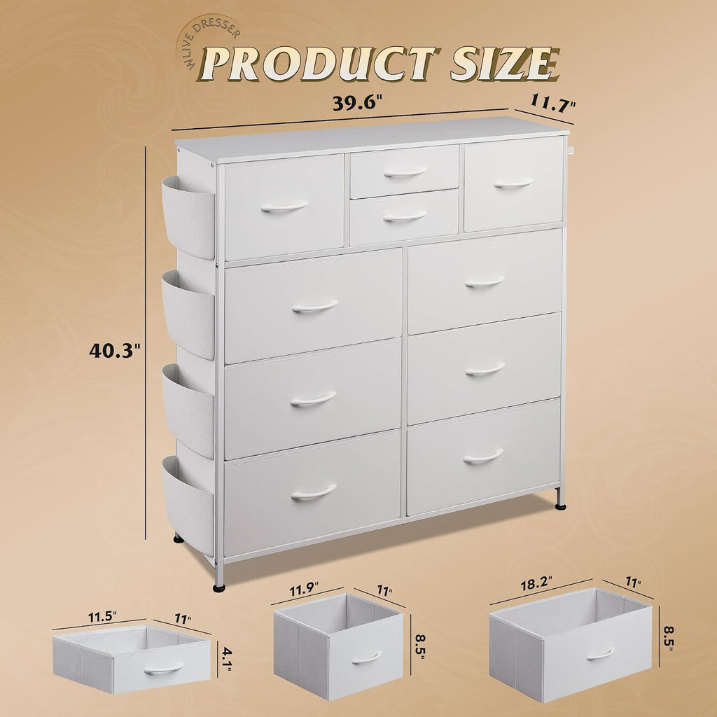 10 Drawer White Fabric Dresser , Side Pockets Chest | White Fabric chest of drawers with side pockets & hooks
