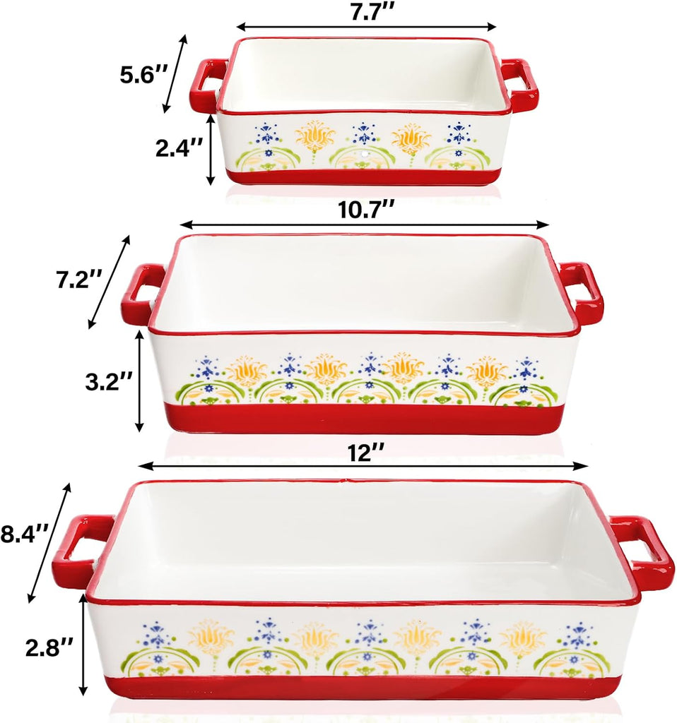 Set of 3 Ceramic Dishes, Rectangular Casserole Dish for Oven, Ceramic Bakeware Lasagna Pan Deep with Handles for