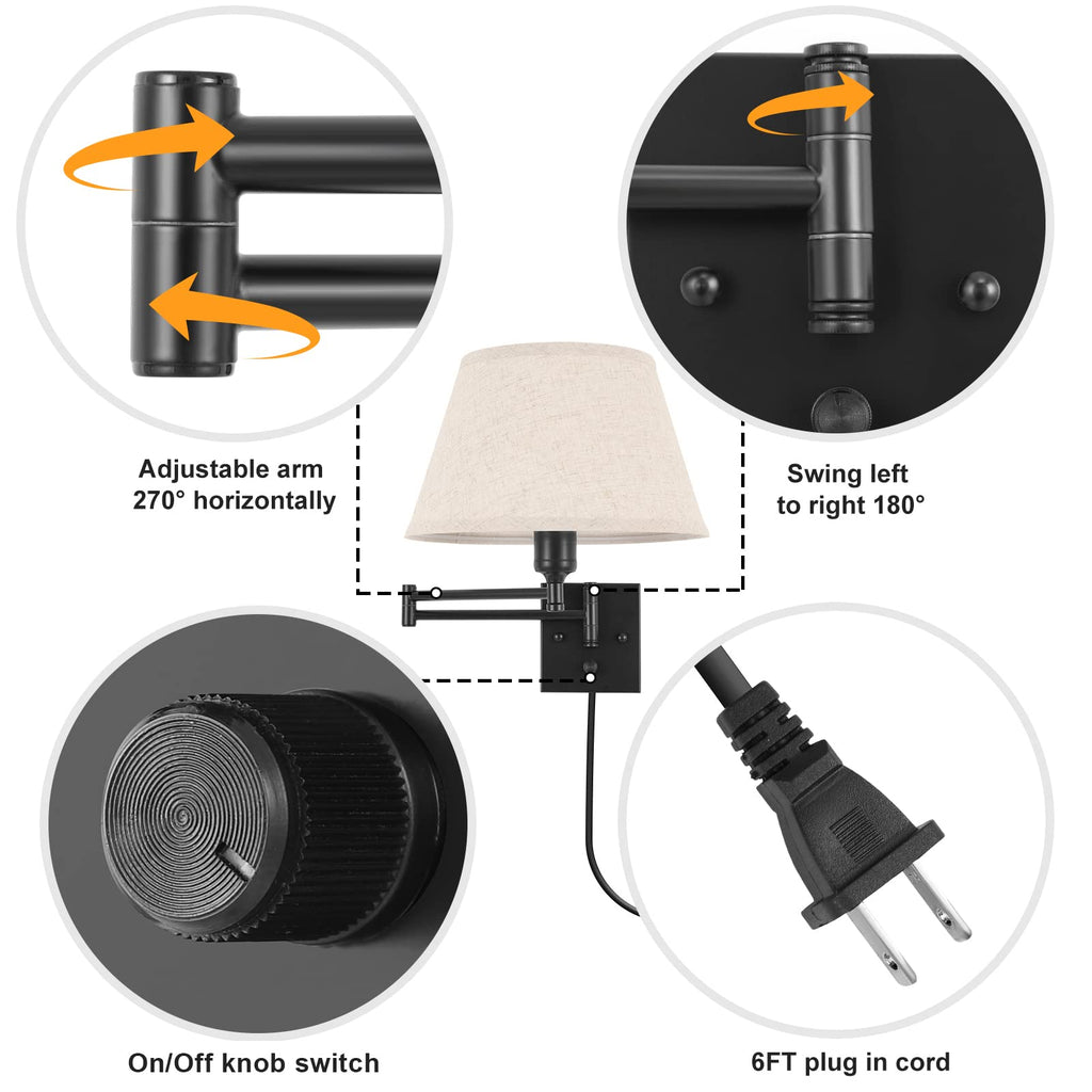 Wall Sconce Plug in, Remote Control Dimming 10-100% and Adjustable Color Temperature 2700K-6500K Swing Arm Wall