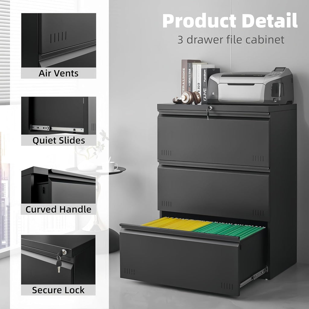 Lateral 3 Drawer File Cabient with Lock, Metal Filing Cabinets, Heavty Duty Office Storage Cabinet for