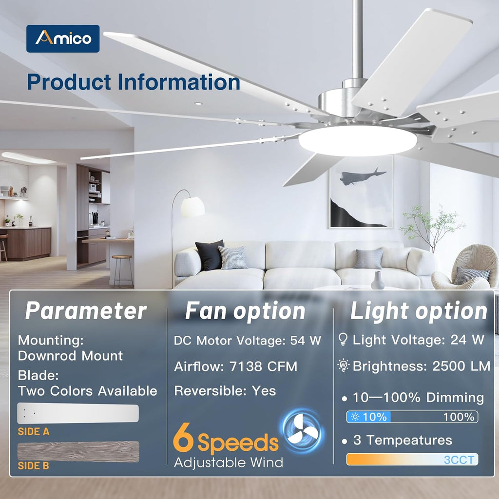 72 inch Brushed Nickel Ceiling Fan with Light, Large Modern Ceiling Fans with Remote, Reversible DC Motor