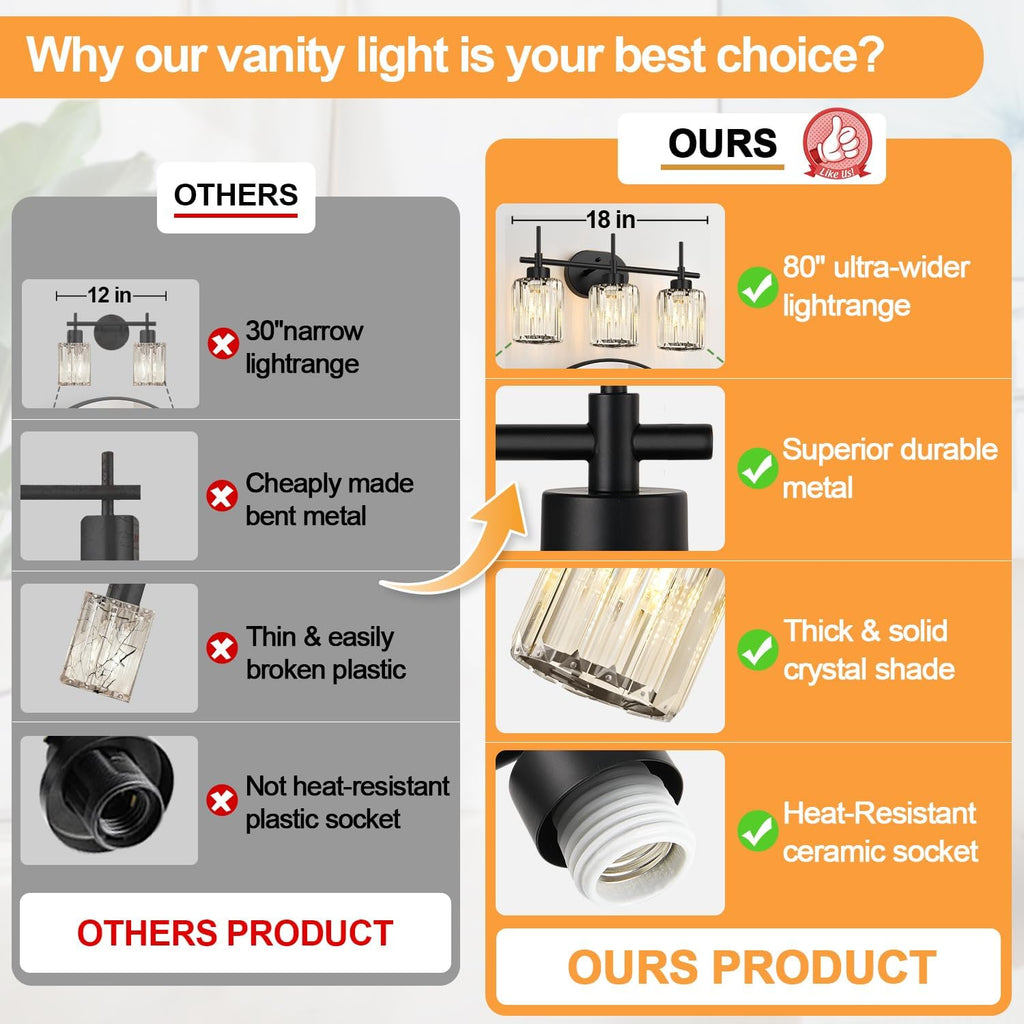 Matte Black Vanity Light, 3-Light Crystal Modern Bathroom Lighting Fixtures Over Mirror, Black Bathroom Vanity Light