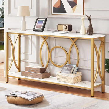 Sofa Console Table, Modern Gold Console Table with Faux Marbled Tabletop, Engineered Wood Entryway Tables with 2 Tier