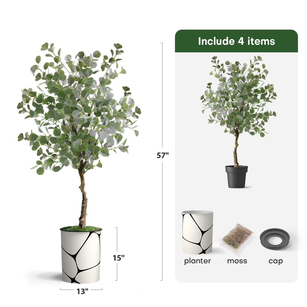 Artificial Tree in Geometric Pattern Planter, Fake Eucalyptus Silk Tree for Indoor and Outdoor Home Decoration - 57"