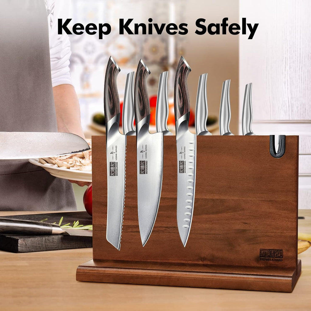 Magnetic Knife Block 14 x 10", Double Sided Magnetic Knife Holder | Magnetic Knife Storage Stand Counter, Acacia Wood