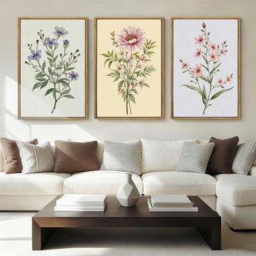 Boho Floral Canvas Wall Art, Framed Minimalist Beige Wildflower Wall Decor, Neutral Botanical Painting 16x24 Inch Set