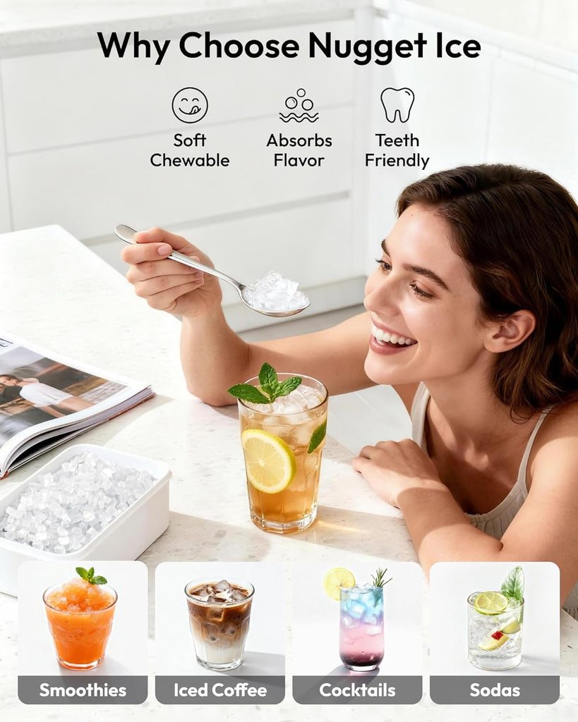 Nugget Ice Maker Countertop with Handle, Ready in 6 Mins, 35lbs Per Day, Removable Top Cover, Auto-Cleaning, Portable