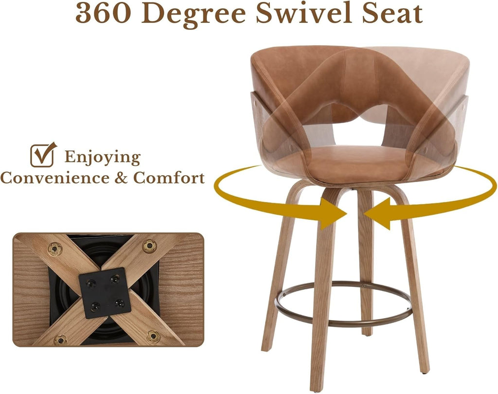 26 Inch Swivel Bar Stools with Back Set of 4, Brown Faux Leather Upholstered Counter Height Barstools with Solid