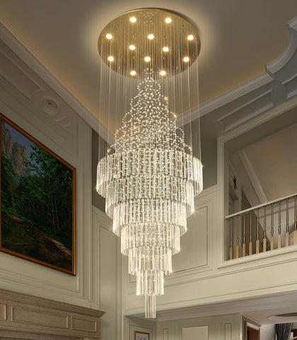 W32 x H120 Glam Chandelier with LED Bulbs Crystal Raindrop High Ceiling Pendant Light for Entrance Large Villa Chandelier Foyer Lighting Fixtures Gold A100-B0F5PL3XPK