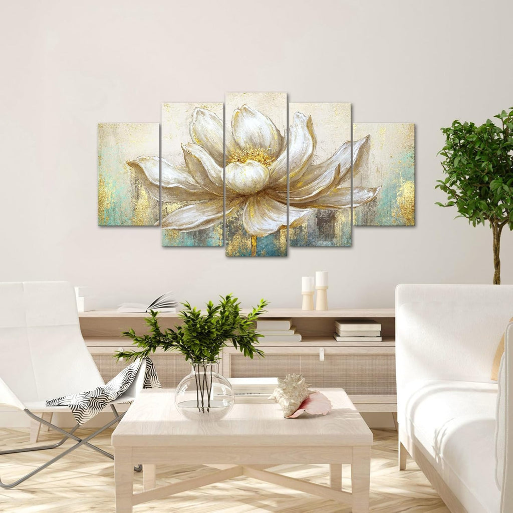 Large 5 Pieces Lotus Flower Blooming Wall Art Canvas Print Painting Modern Peaceful Still Life Artwork Zen Golden