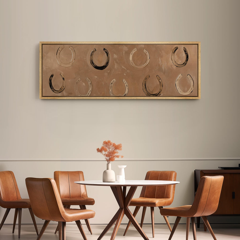Large Framed Canvas Print Wall Art Rustic Horseshoe Pattern Western Country Abstract Brown Horse Illustrations Modern