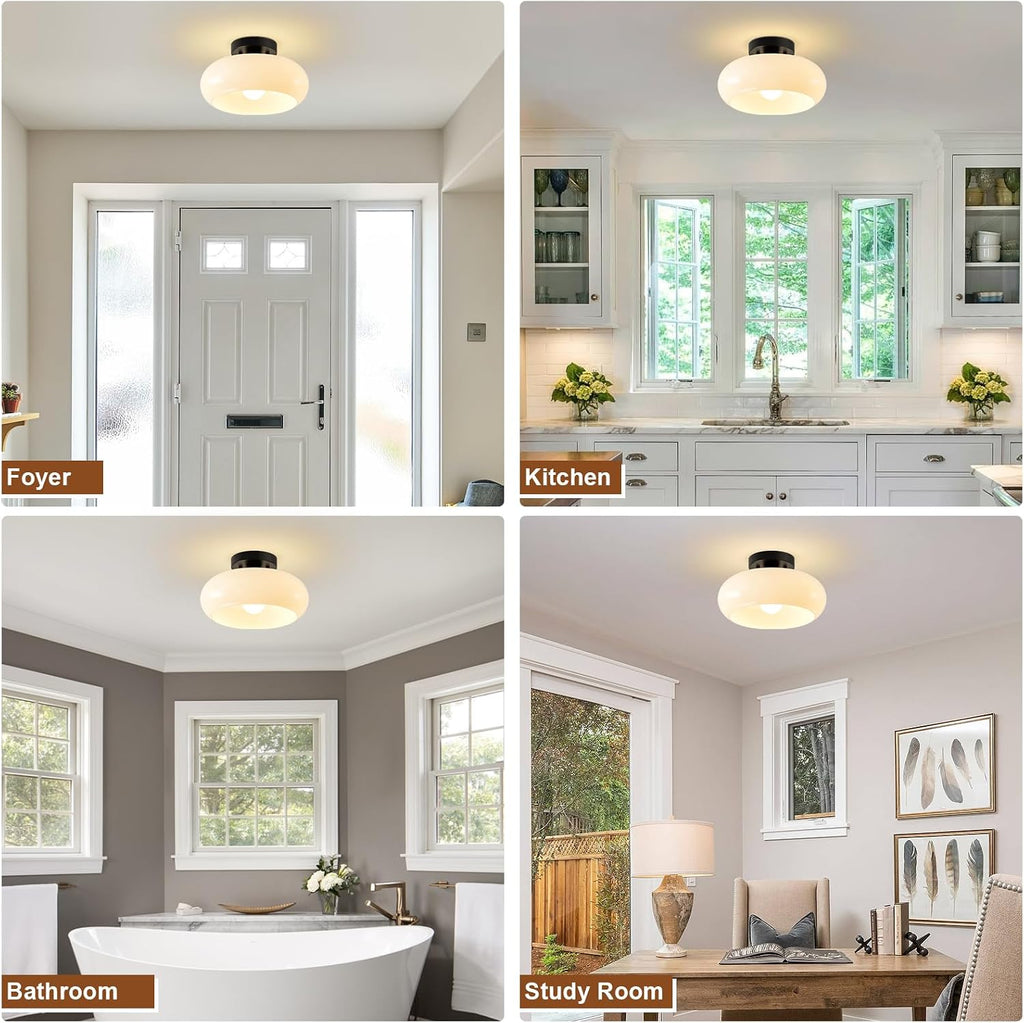 Mid-Century Modern Black Semi Flush Ceiling Light 11.0 Inch | Small White Glass Shade Close to Ceiling Lighting