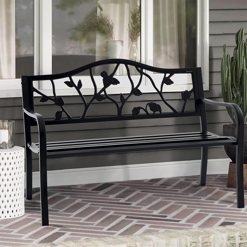 50" Strawberry Outdoor Garden Bench, Weatherproof Sturdy Cast Iron Metal Frame Patio Park Bench for Porch Yard Lawn