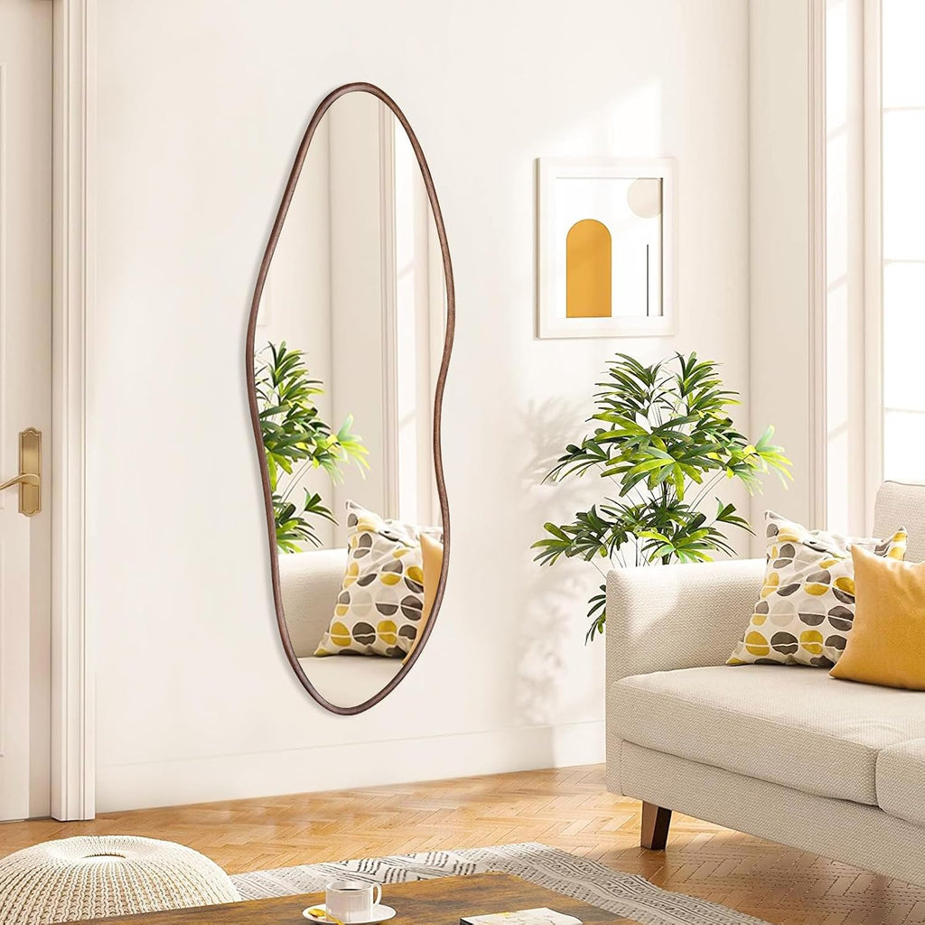 Irregular Full Length Mirror 64"X21", Cloud-Shaped Design with Rounded Oak Hardwood Frame in Black Walnut, Asymmetrical
