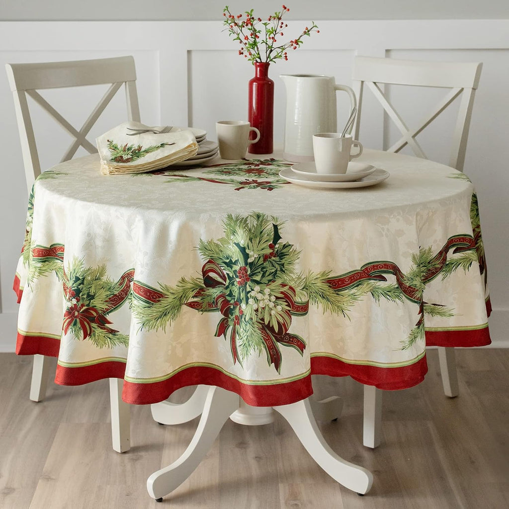 Christmas Ribbons Engineered Printed Fabric Table Cloth, Winter, Holiday and Christmas Tablecloth (7