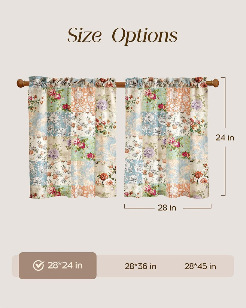 Boho Kitchen Curtains - 24 Inch Length Linen Blend Vintage Floral Cafe Curtains Country Tier Curtain Short Drapes Rod