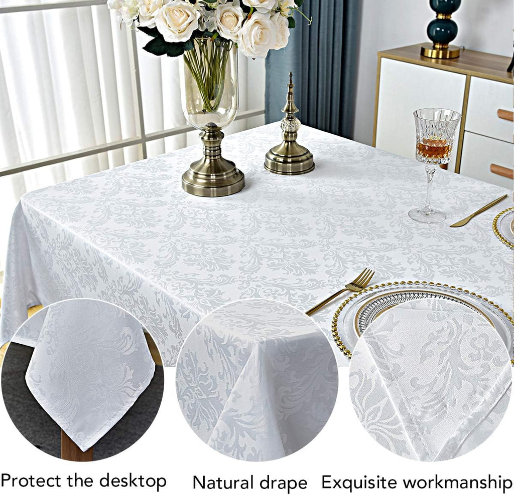 Rectangle Table Cloth - 60 x 102 Inch White Jacquard Tablecloths Damask Design Spillproof Wrinkle Re