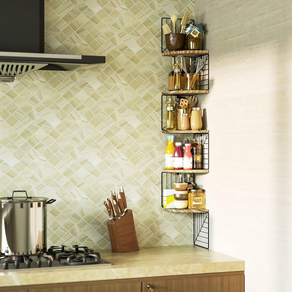 Corner Wall Shelf 5 Tier,Solid Wood,51" Tall,Carbonized Black | Easy to Install,Leaf-Shaped Floating Wall