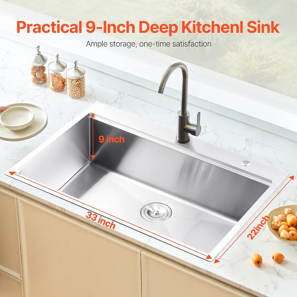 Drop Sink 33 Inch Kitchen Sink Workstation, 304 Stainless Steel Top Mount Sinks, Drop-In Single Bowl with Ledge &