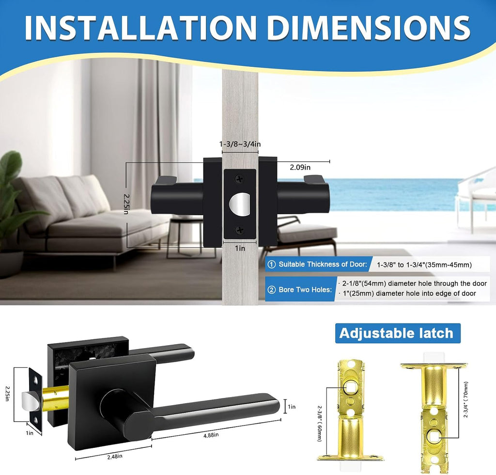 Passage Door Levers, 8 Pack Black Heavy-Duty Interior Door Handles, Square Non-Locking Door Locksets for Closets