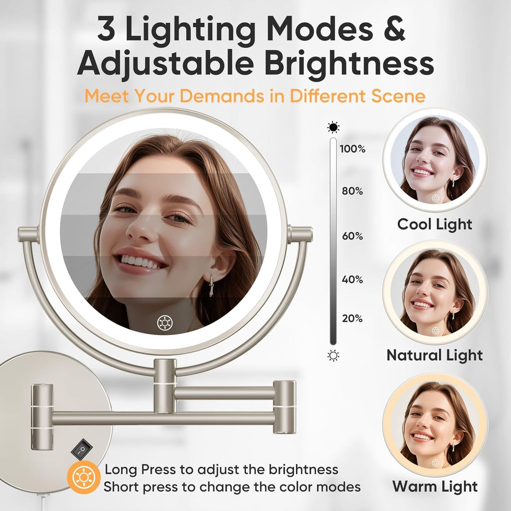 Plug in Wall Mounted Lighted Makeup Mirror 1X/30X Magnifying, AC Powered Double-Sided Magnification